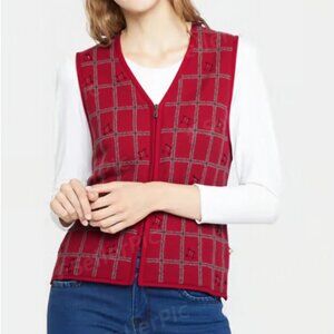 Talbots Women's 100% Wool Red Plaid Full Zip Front Sleeveless Vest Size Medium